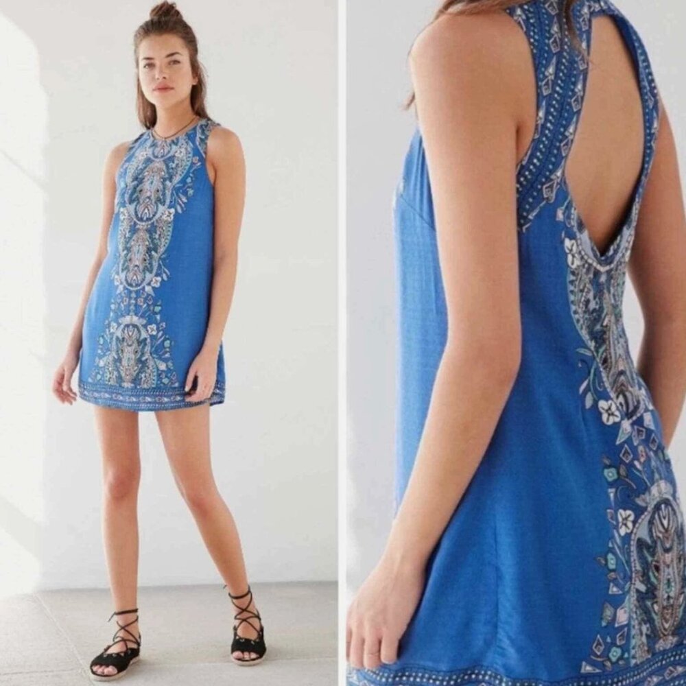 Urban Outfitters Ecote Guinevere Floral Open Back Blue Boho Mini Dress